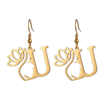 Lotus Letter Pendant Earrings A- Z Initial Stainless Steel Women's Earrings