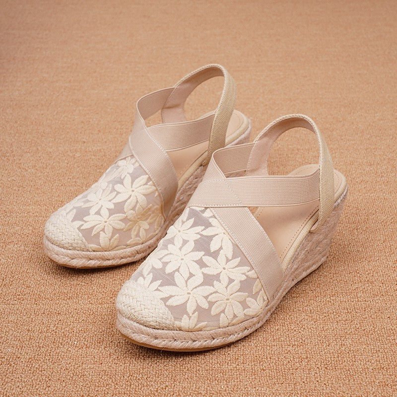 Wedge Straw Mesh Embroidered Retro Women's Fashion Shoes