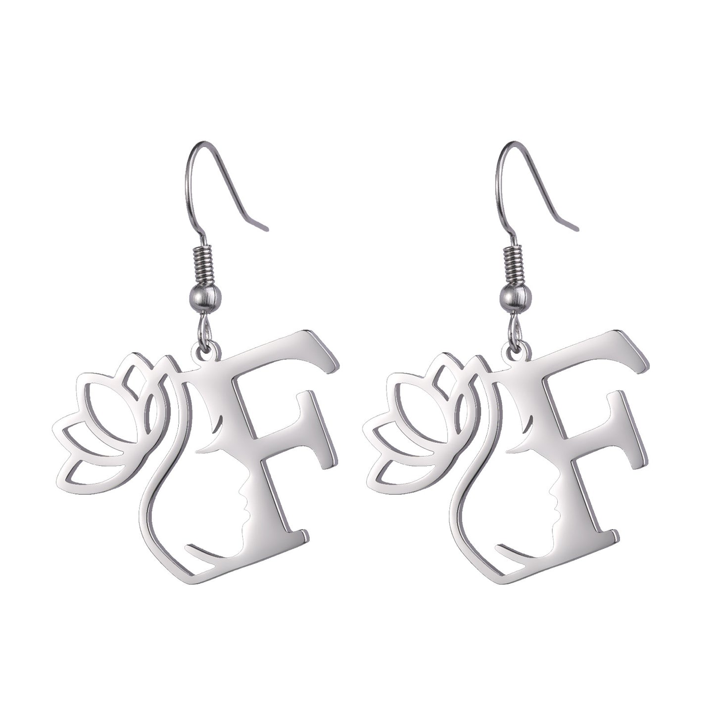 Lotus Letter Pendant Earrings A- Z Initial Stainless Steel Women's Earrings