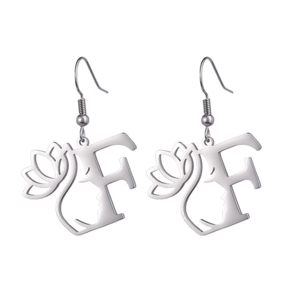 Lotus Letter Pendant Earrings A- Z Initial Stainless Steel Women's Earrings