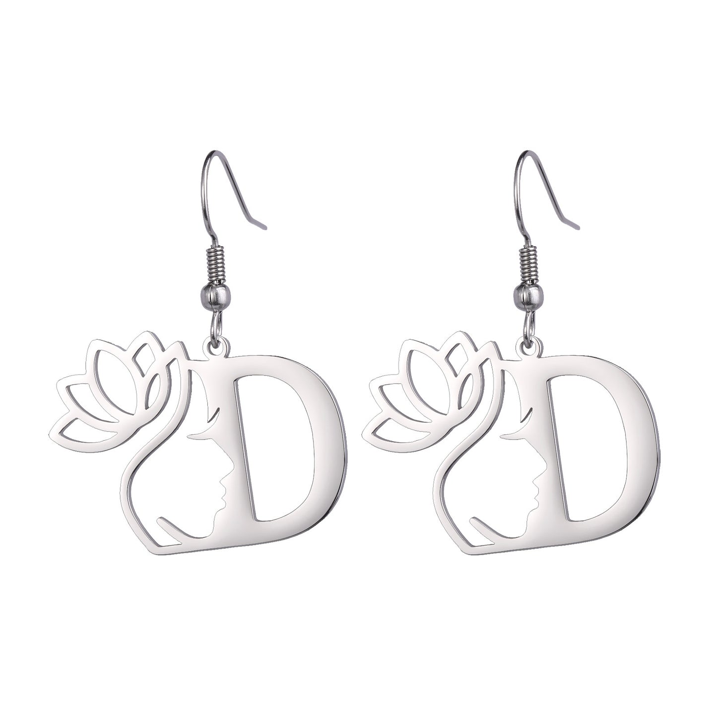 Lotus Letter Pendant Earrings A- Z Initial Stainless Steel Women's Earrings
