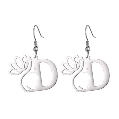 Lotus Letter Pendant Earrings A- Z Initial Stainless Steel Women's Earrings