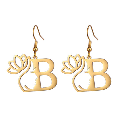 Lotus Letter Pendant Earrings A- Z Initial Stainless Steel Women's Earrings