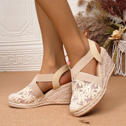 Wedge Straw Mesh Embroidered Retro Women's Fashion Shoes