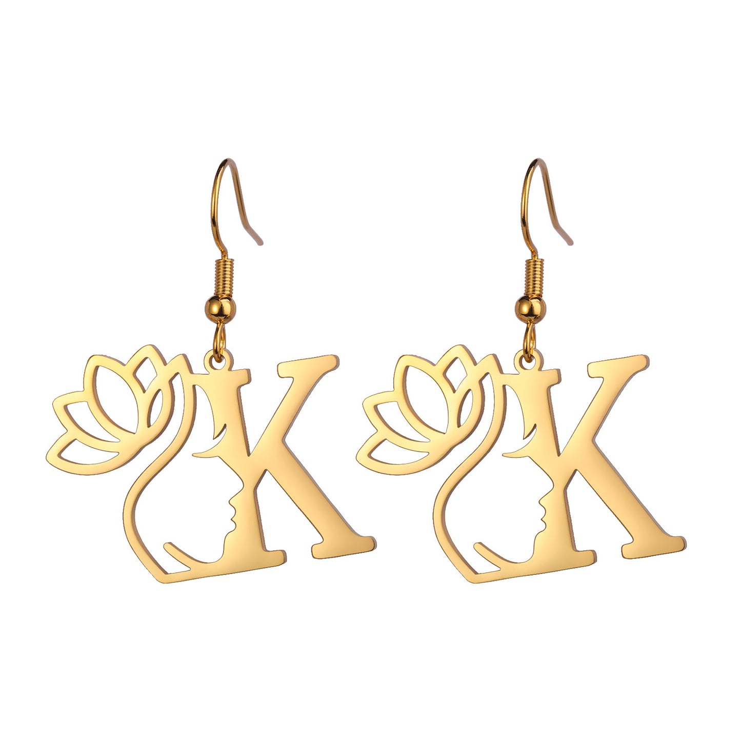 Lotus Letter Pendant Earrings A- Z Initial Stainless Steel Women's Earrings