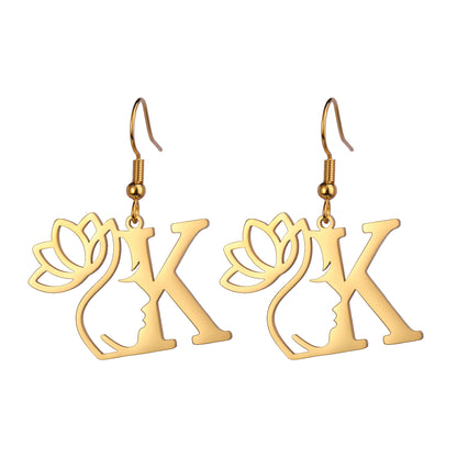 Lotus Letter Pendant Earrings A- Z Initial Stainless Steel Women's Earrings