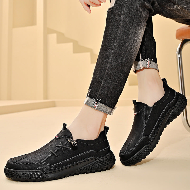 Casual Men's Autumn Handmade Leather Shoes Side Lace-up Trend