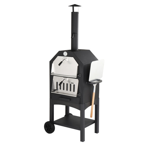 Freestanding Carbon Grill With Chimney, Wheels, Pizza Stone, And Pizza Shovel