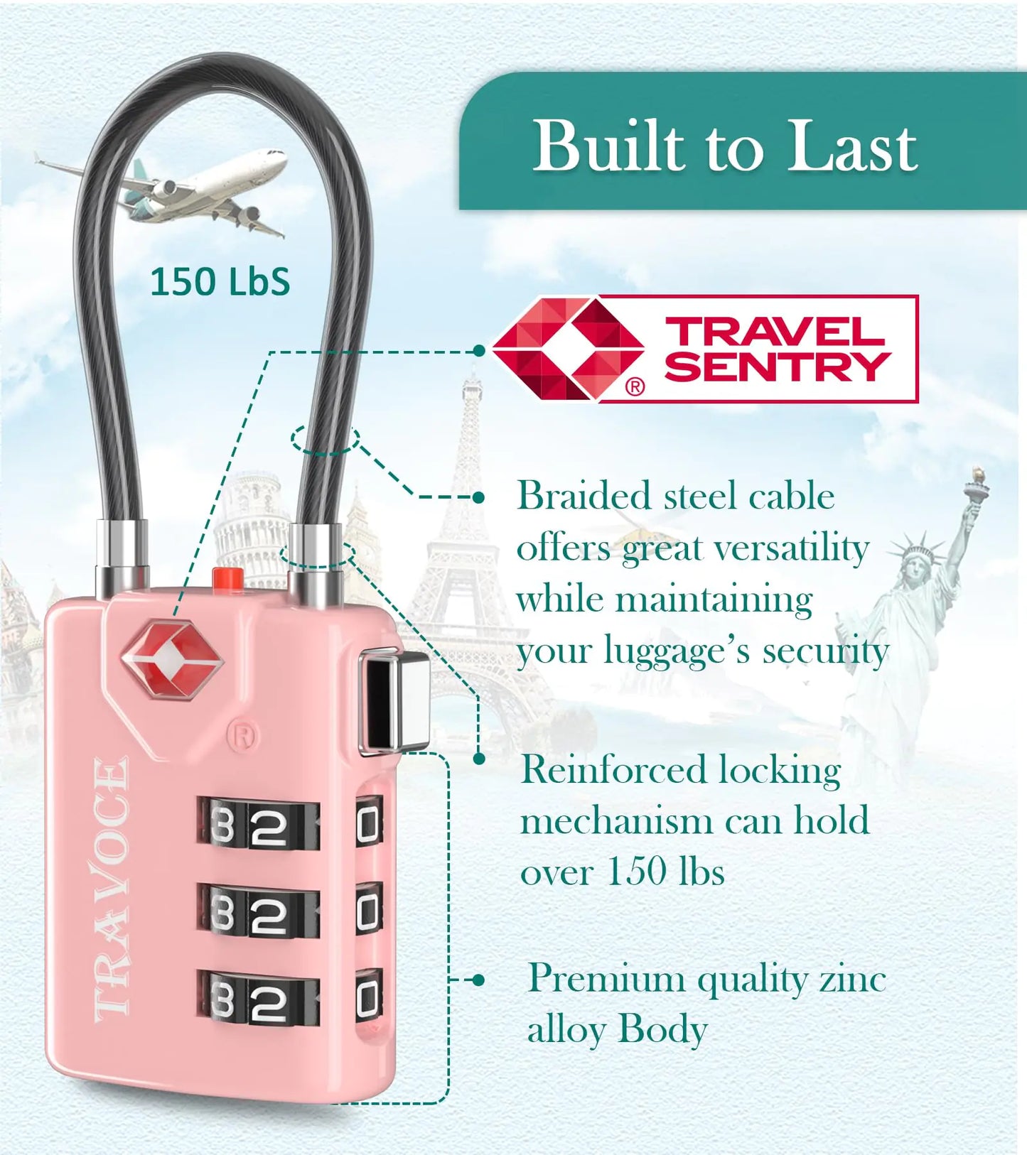 Search Alert TSA Approved Travel Combination Luggage Cable Locks for Suitcase, Gym Locker,Toolbox,Backpack 1,2,4,6 &10 pk Pink 2 Pack